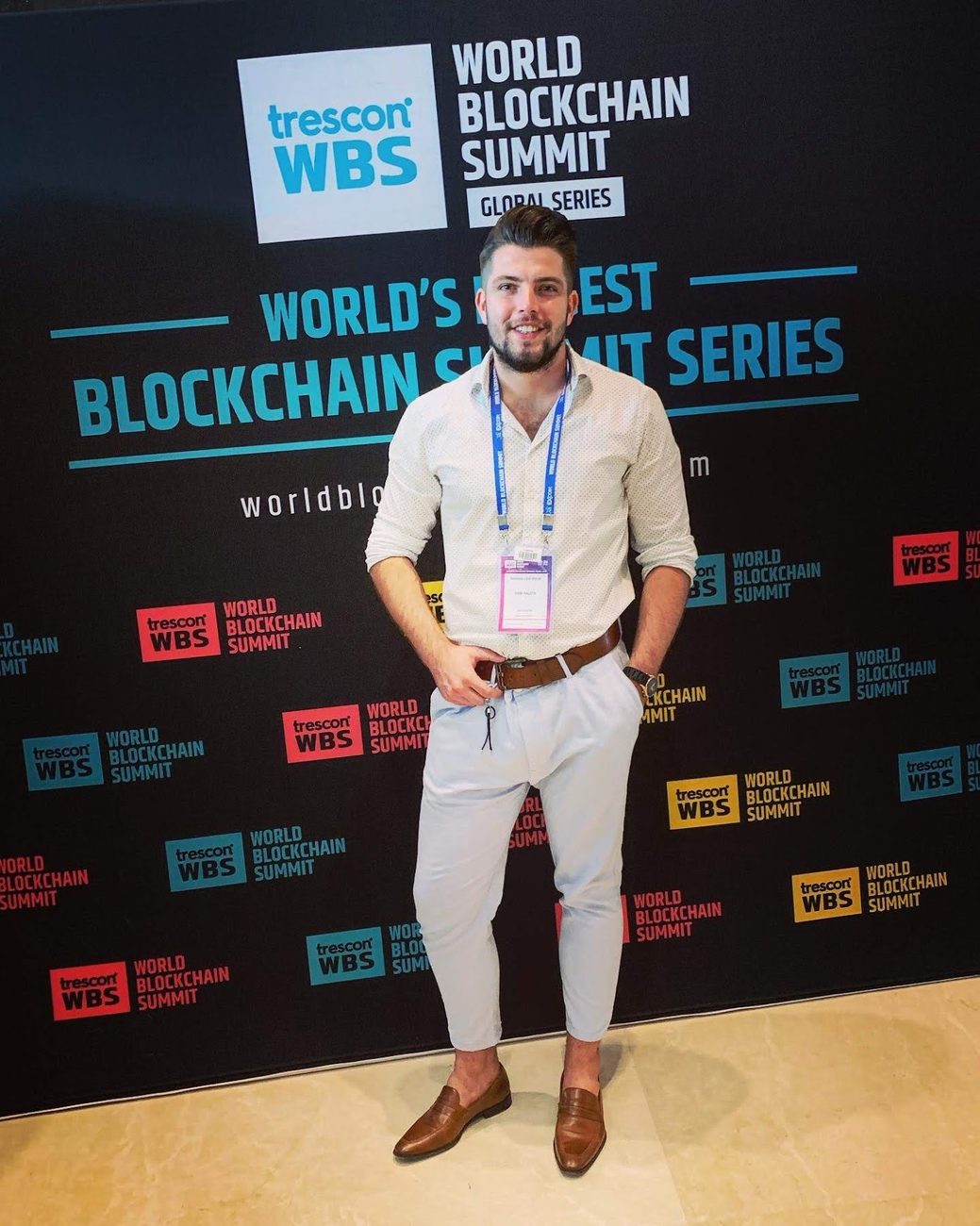 Igor Haleta at World Blockchain Summit Dubai by the Trescon WBS backdrop